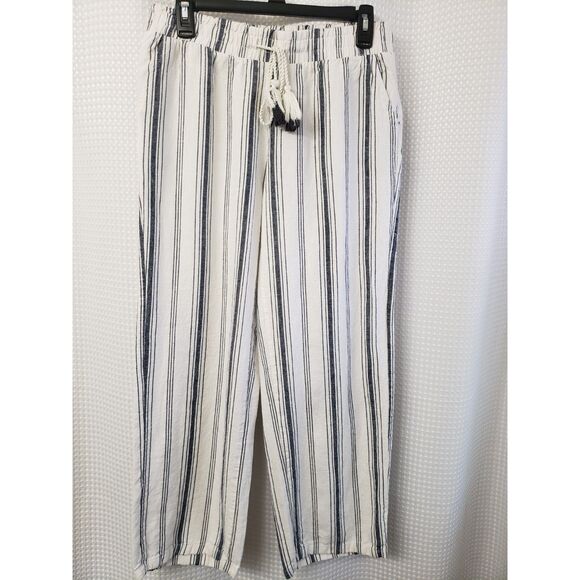 H&H by Harmony & Havoc Womens Pants Size Medium Blue White Stripe Nautical Linen - Picture 1 of 6